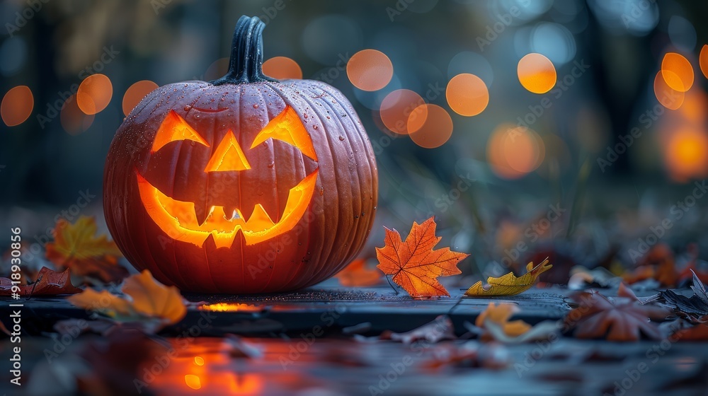 A carved pumpkin with a smiling face sits among fallen leaves on a rainy Halloween evening, illuminated by warm orange lights A carved pumpkin with a smiling face sits among fallen leaves on a rainy Halloween evening, illuminated by warm orange lights