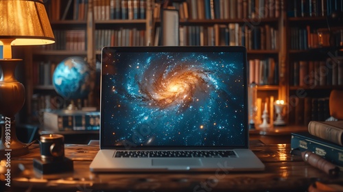 Laptop screen displaying a swirling galaxy in a cozy, bookfilled study, blending technology with the cosmos photo