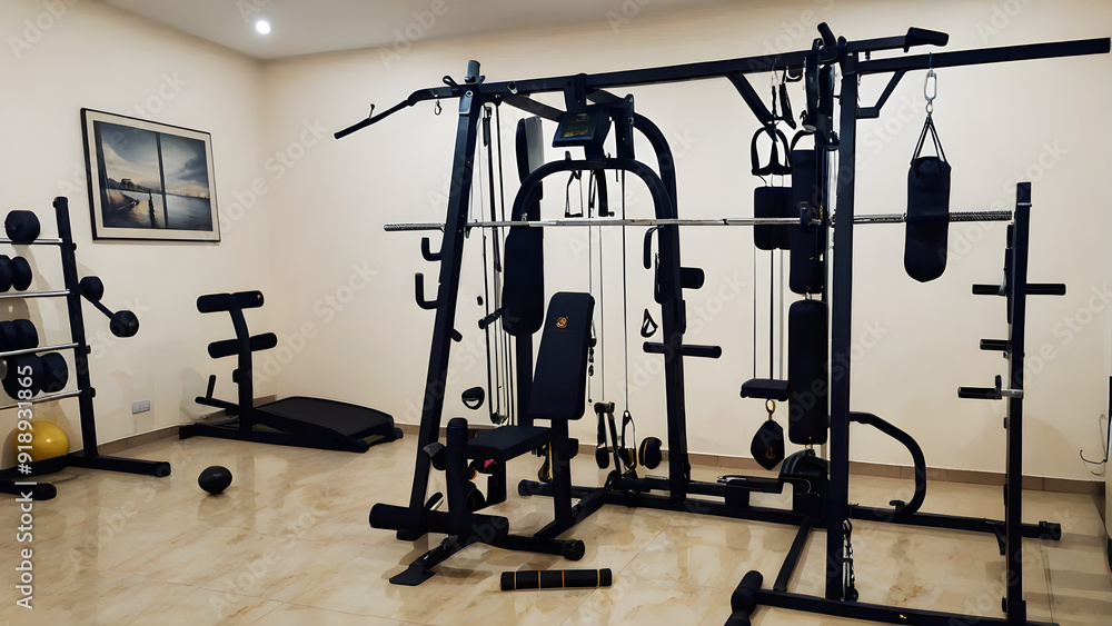 Obraz premium Home gym with equipment and mirror, home gym with exercise equipment, ai generated