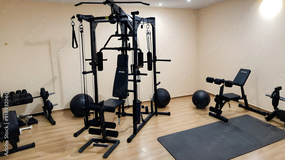 Home gym with equipment and mirror, home gym with exercise equipment, ai generated Home gym with equipment and mirror, home gym with exercise equipment, ai generated