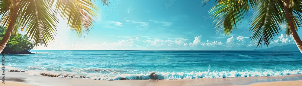 Obraz premium Tropical beach with palm leaves framing clear sky and ocean, wideangle, bright daylight