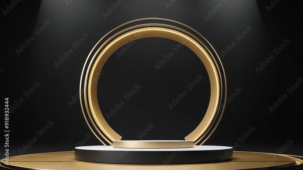 Minimal scene with podium and abstract background. gold and black dark colors scene. Trendy 3d render for social media banners, promotion, cosmetic product show. Geometric shapes interior. Minimal scene with podium and abstract background. gold and black dark colors scene. Trendy 3d render for social media banners, promotion, cosmetic product show. Geometric shapes interior.