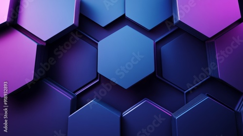 Abstract 3D hexagon design, deep blues and purples, dynamic depth and shadows