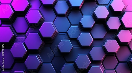 Abstract 3D hexagon design, deep blues and purples, dynamic depth and shadows