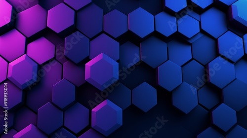 Abstract 3D hexagon design, deep blues and purples, dynamic depth and shadows
