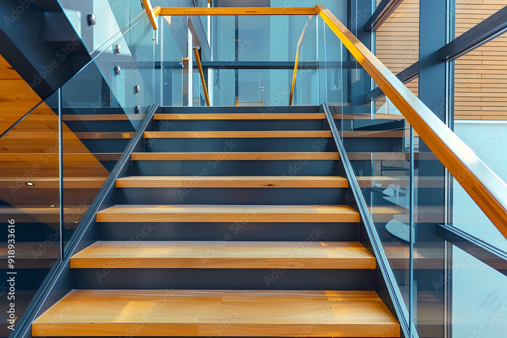 Modern Wooden Stairs with Glass Railing Interior Design Photo