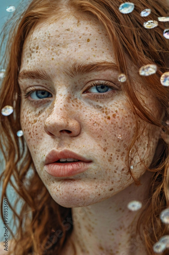 a woman with freckled skin is photographing her face