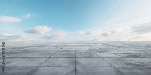 Concrete floor empty space or area in showroom, Background design with blue sky and urban city for product display and concept of car sale. 