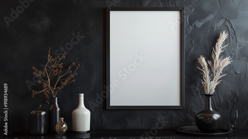 A mockup frame on a stylish black wall, with contemporary decor and bold contrasts creating a dramatic effect