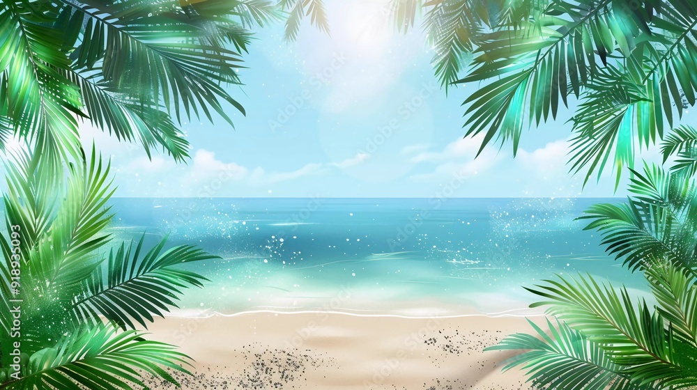 Fototapeta premium Beach with ocean and palm leaves isolated on transparent background which is very beautiful