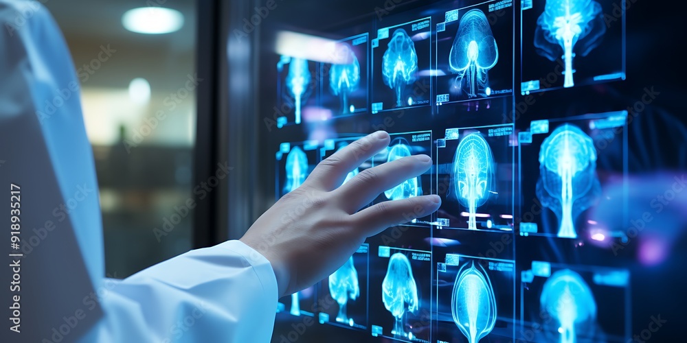 A doctor in blue scrubs points to an AI interface on the wall with his finger, showing medical images of the brain and heart with wave graphics. A doctor in blue scrubs points to an AI interface on the wall with his finger, showing medical images of the brain and heart with wave graphics.
