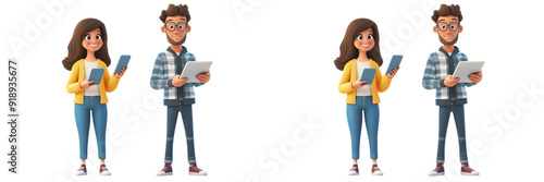 Untitled design - Set of a 3D cartoon illustrations featuring a happy young woman with a smartphone and a young man with a tablet, isolated on transparent background. photo