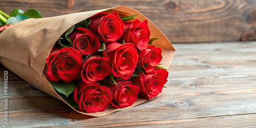 Fototapeta Naklejka Na Ścianę i Meble -  Bouquet of red roses wrapped in brown paper, perfect gift for any occasion, roses, bouquet, red, flowers, gift, romance