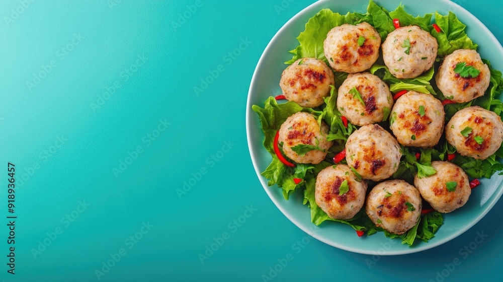 A plate of Thai fish cakes on a bright blue background with space for text, perfect for food blogs or ads. A plate of Thai fish cakes on a bright blue background with space for text, perfect for food blogs or ads.