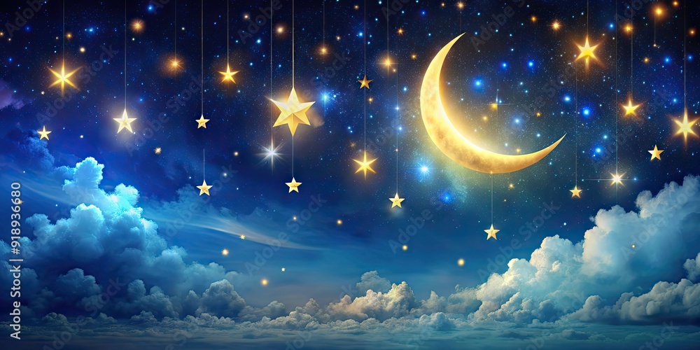 Whimsical night sky with glowing stars and a crescent moon, whimsical ...