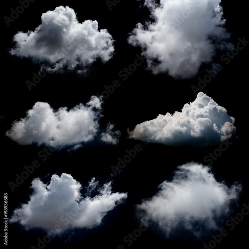 Collection of white clouds isolated on black background. Design elements..