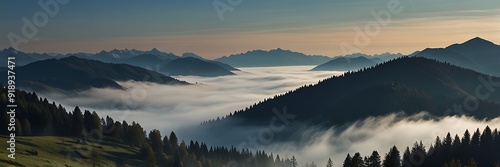 Panoramic View of Misty Fog After Rain on Austrian Alps Mountain Silhouette with Blue Sky Ideal for Nature Landscape and Scenic Imagery.