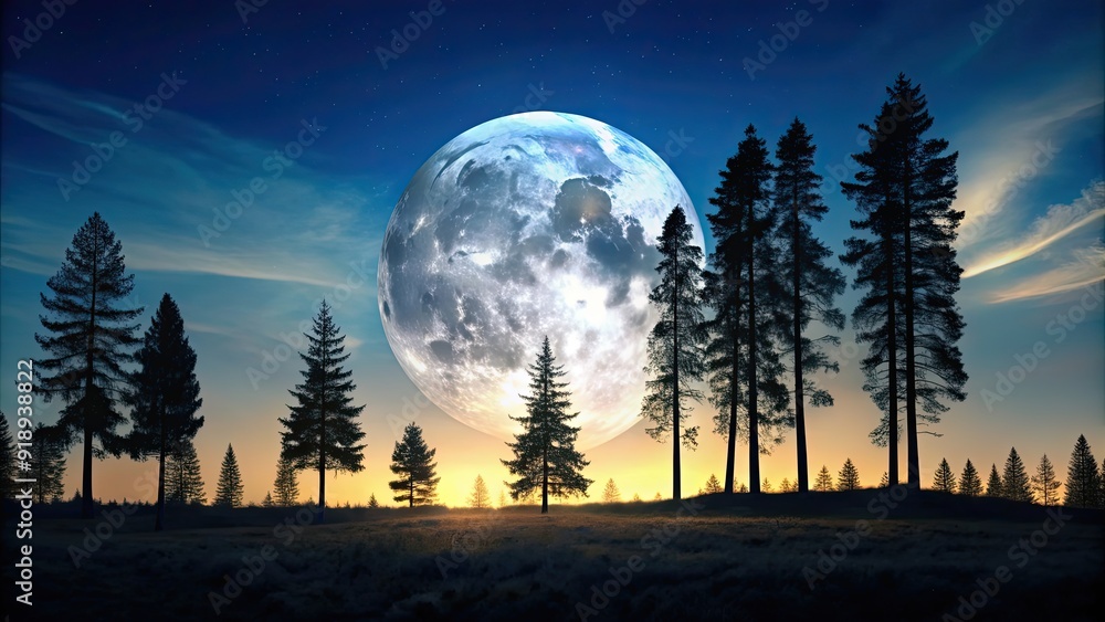 Landscape featuring a serene night scene with tall trees silhouetted against a full moon in the sky, moon, trees, night Landscape featuring a serene night scene with tall trees silhouetted against a full moon in the sky, moon, trees, night