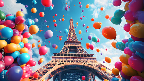 Eiffel Tower city scene with colorful balloons and festive decorations photo