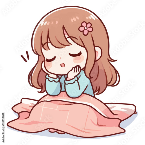 A little kid girl with sleepy face wakes up in the morning, white background. Illustration