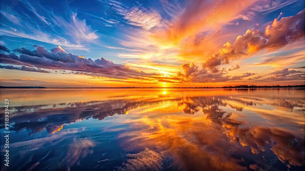 Symmetrical reflection of a vivid sunset on calm waters , symmetry, sunset, reflection, water, vibrant, peaceful, nature Symmetrical reflection of a vivid sunset on calm waters , symmetry, sunset, reflection, water, vibrant, peaceful, nature