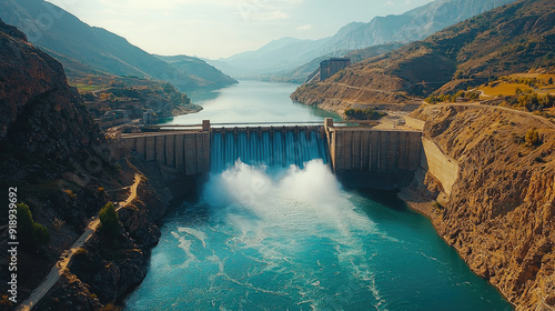 A stunning aerial view of a dam, surrounded by mountains and reflecting beautiful water under a clear sky.