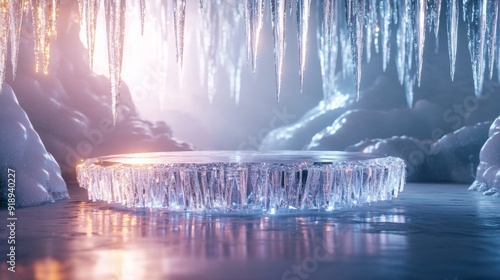 Icy Platform with Icicle Curtain in a Frozen Cave