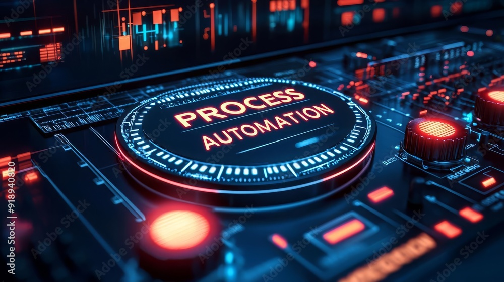 Obraz premium Business process automations A digital control panel with glowing buttons and sliders