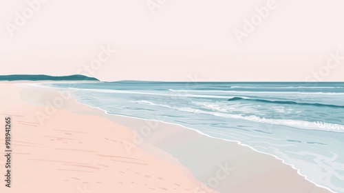 Serene Coastal Beach Illustration. Waves and Sand at Sunset
