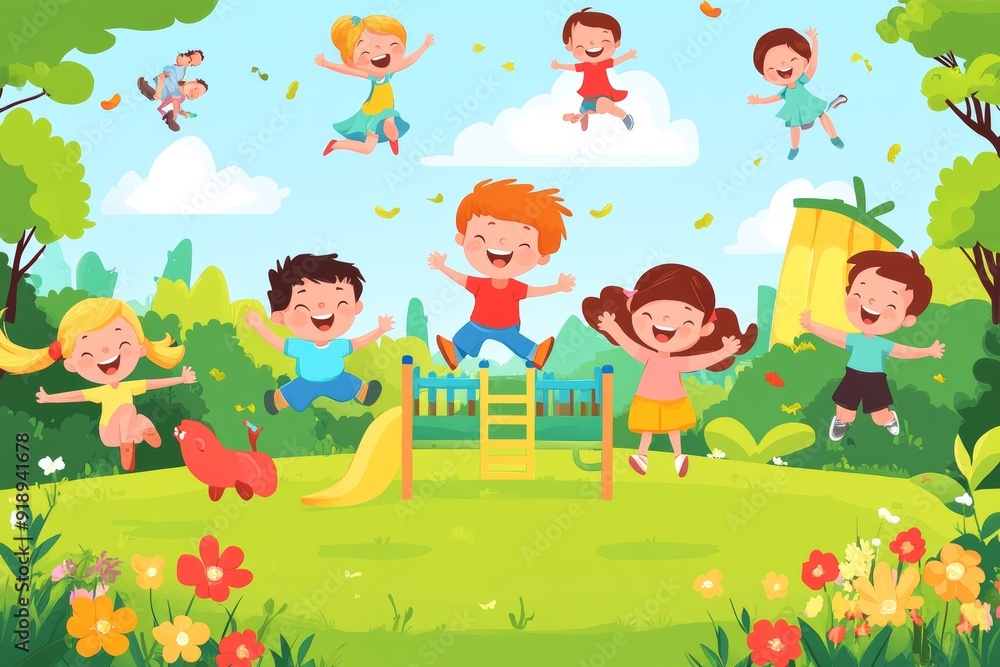 playground with jumping boys and girls. Template for advertising kids brochure. Kindergarten, school children summer, spring vacation, Generative AI playground with jumping boys and girls. Template for advertising kids brochure. Kindergarten, school children summer, spring vacation, Generative AI