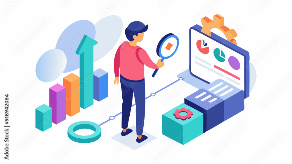 Isometric illustration design concept. Analyze data and search SEO optimization flat illustration design Isometric illustration design concept. Analyze data and search SEO optimization flat illustration design