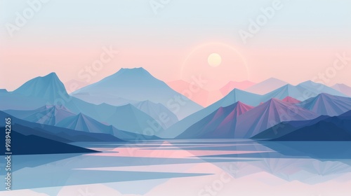 A serene depiction of a tranquil sunrise over a majestic layered mountain landscape reflected in still waters