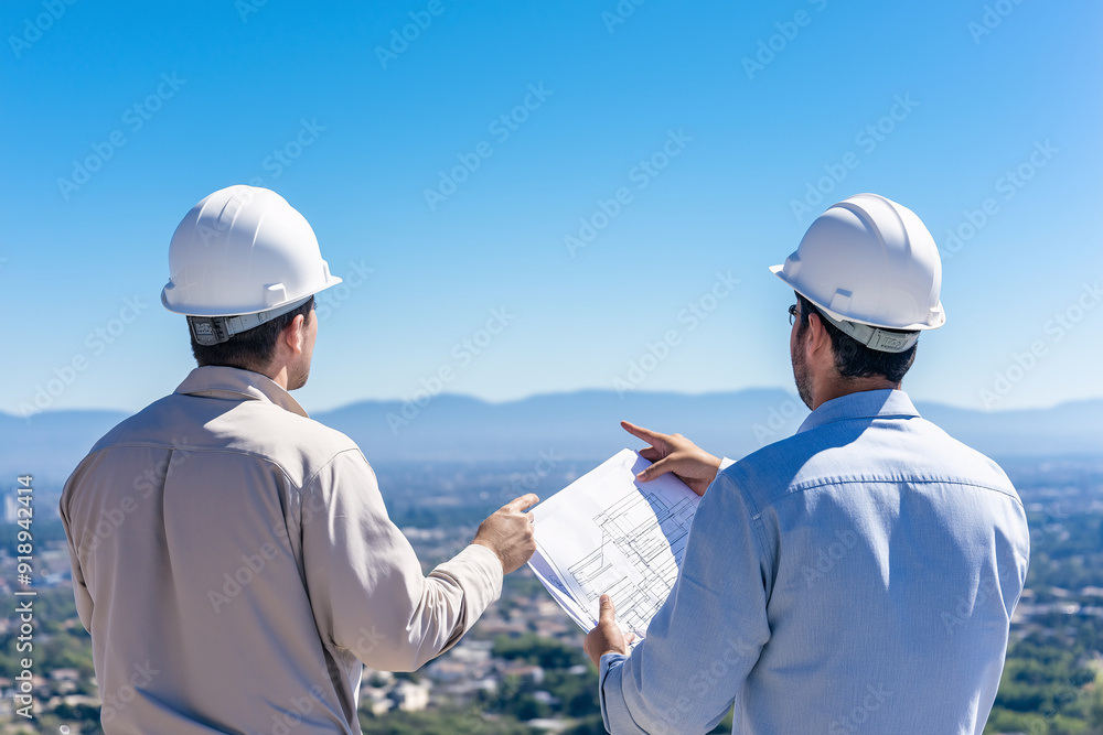 Engineers Discussing Blueprint Plans at a Construction Site Overlooking Cityscape on a Clear Day Engineers Discussing Blueprint Plans at a Construction Site Overlooking Cityscape on a Clear Day