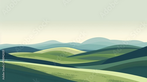 Illustration of serene undulating hills and distant mountains under a quiet pale sky