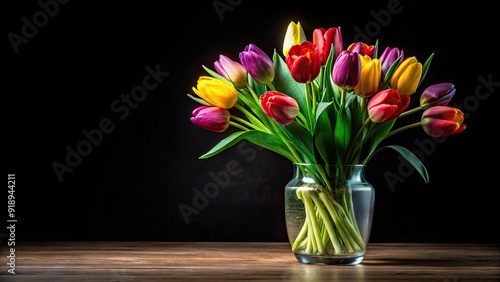 Wallpaper Mural Colorful tulips in glass vase on black background, tulips, flowers, vase, colorful, beautiful, vibrant, floral Torontodigital.ca