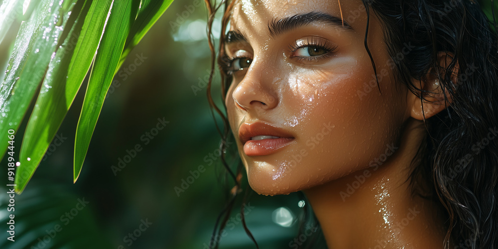 A serene portrait of a woman with wet hair, partly obscured by tropical leaves, basking in soft sunlight, creating a peaceful and elegant natural scene. A serene portrait of a woman with wet hair, partly obscured by tropical leaves, basking in soft sunlight, creating a peaceful and elegant natural scene.