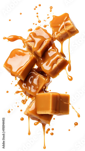 Isolated Caramel Cubes with Drizzling Sauce Isolated Without Background