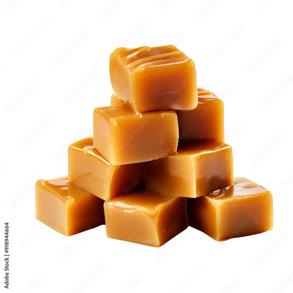 Isolated Caramel Fudge Cubes Piled in a Stack Without Background. Isolated Caramel Fudge Cubes Piled in a Stack Without Background.