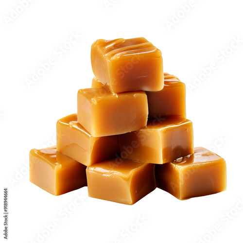 Isolated Caramel Fudge Cubes Piled in a Stack Without Background.