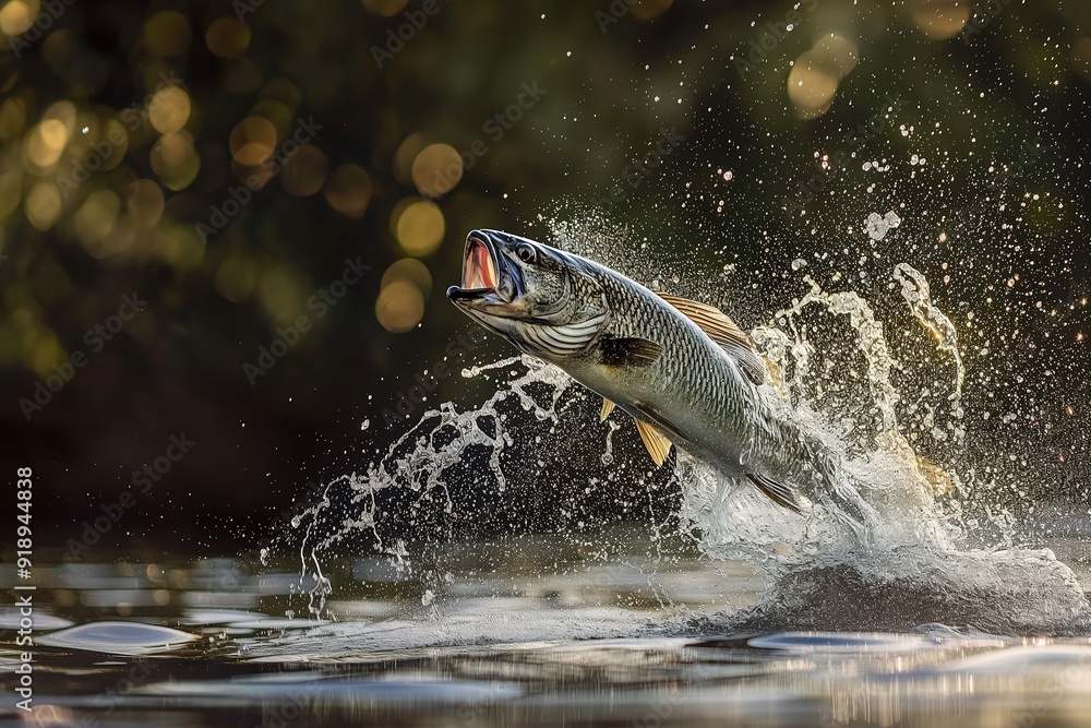 Fototapeta premium A fish leaps from the water, creating a splash of water droplets.