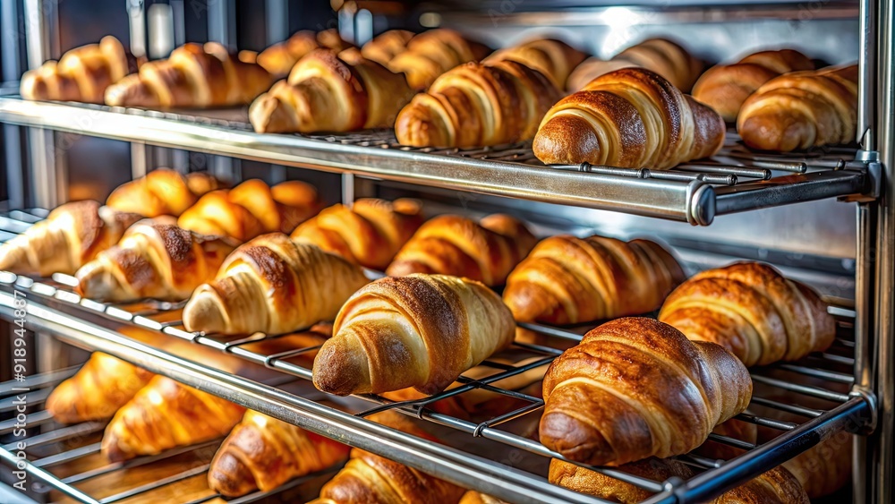 Freshly baked croissants on a rack in the oven, delicious, flaky, golden, buttery, bakery, aroma, French, pastry, breakfast, warm Freshly baked croissants on a rack in the oven, delicious, flaky, golden, buttery, bakery, aroma, French, pastry, breakfast, warm