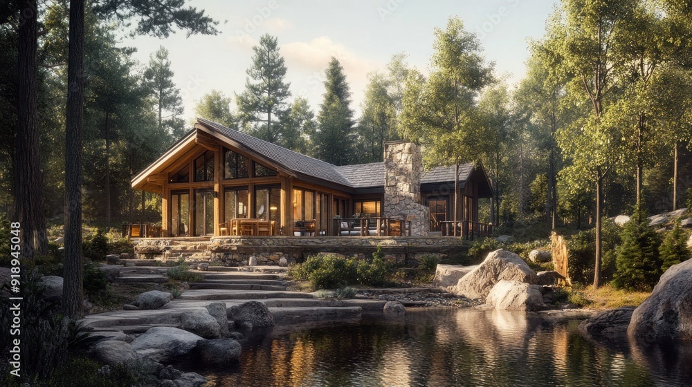 Fototapeta premium A Wooden Cabin with a Stone Chimney Nestled in a Forest by a Lake