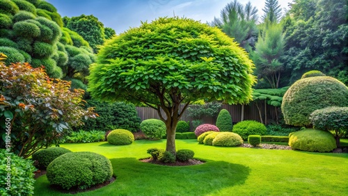 Green tree standing tall in a lush garden, nature, environment, foliage, park, outdoor, botany, growth, leaves, branches, fresh