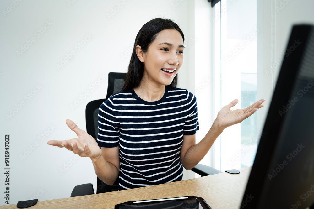 Happy woman speak using Webcam conference with diverse colleagues, female employee talk on video call with multiracial coworkers Happy woman speak using Webcam conference with diverse colleagues, female employee talk on video call with multiracial coworkers