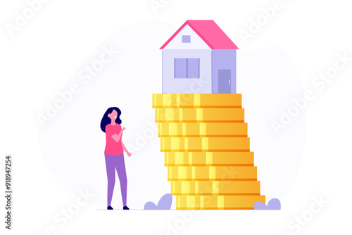 Real estate stock risk, foreclosure house, economic recession concept. Vector illustration.