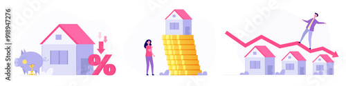 Real estate stock risk, foreclosure house, economic recession concept. Vector illustration.