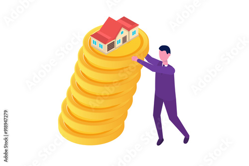 Real estate stock risk, foreclosure house, economic recession concept. Vector illustration.