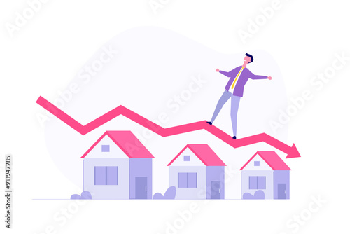 Real estate stock risk, foreclosure house, economic recession concept. Vector illustration.