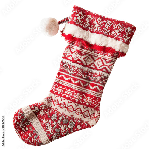 Isolated Christmas Stocking with Red Patterns and Fur Trim. photo