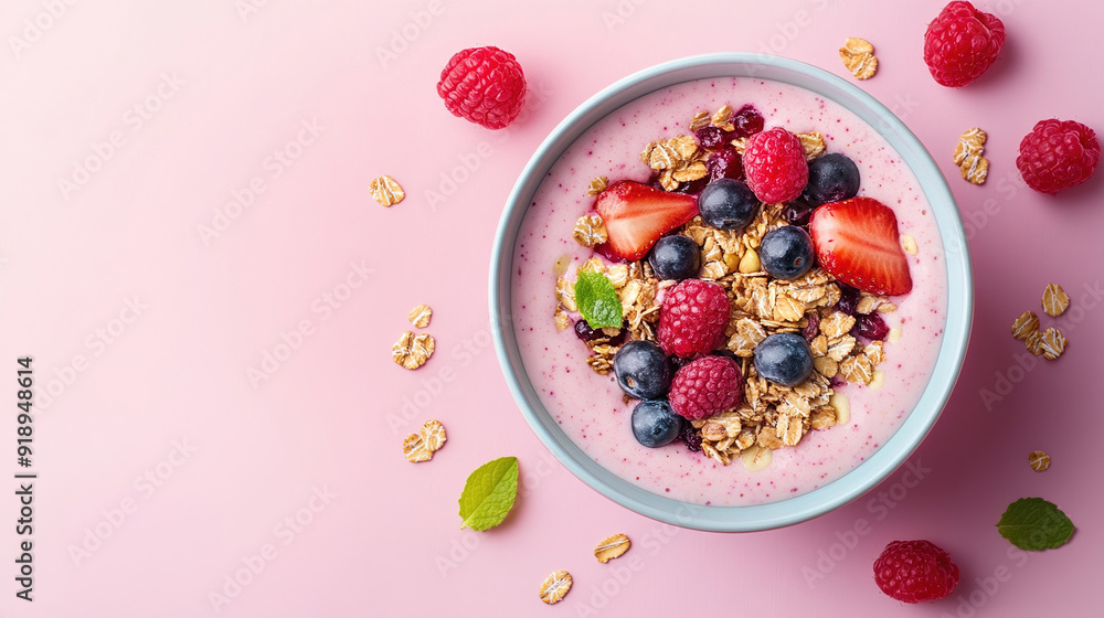 a bowl of smoothie with fruit nuts and granola in pink background. Wallpaper photo for vegetarian, healthy life campaign, copy space. a bowl of smoothie with fruit nuts and granola in pink background. Wallpaper photo for vegetarian, healthy life campaign, copy space.